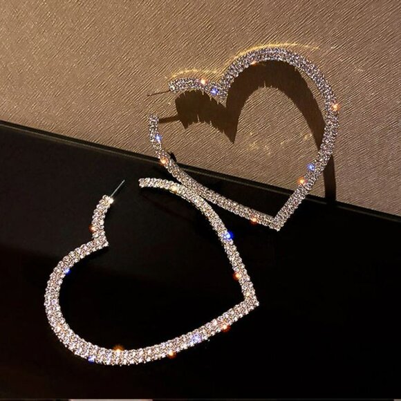 Silver Crystal Rhinestone Big Heart Fashion Statement Hoop Earrings - Picture 7 of 9